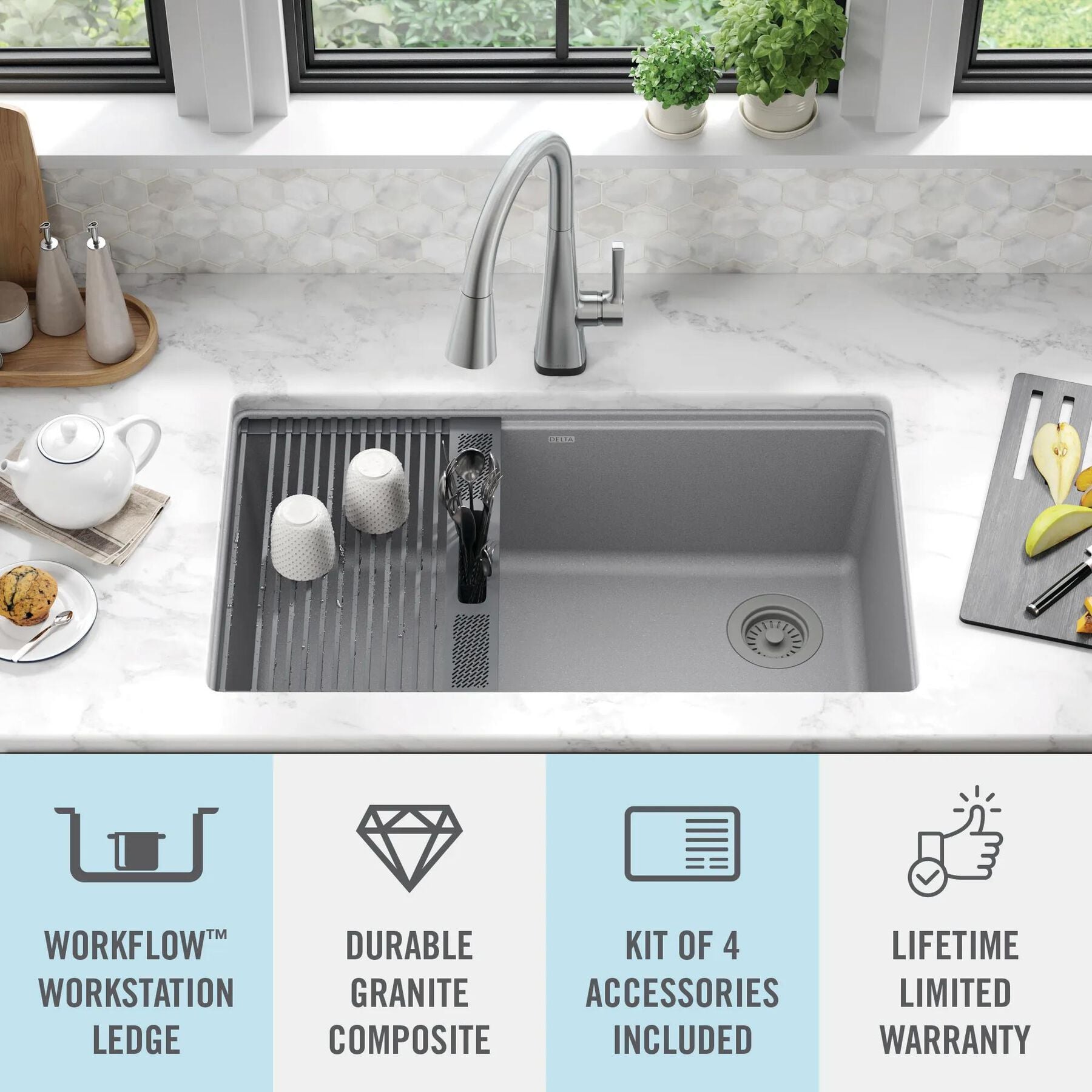 32&rdquo; Granite Composite Workstation Kitchen Sink Undermount Single Bowl with WorkFlow&trade; Ledge and Accessories in Dark Grey